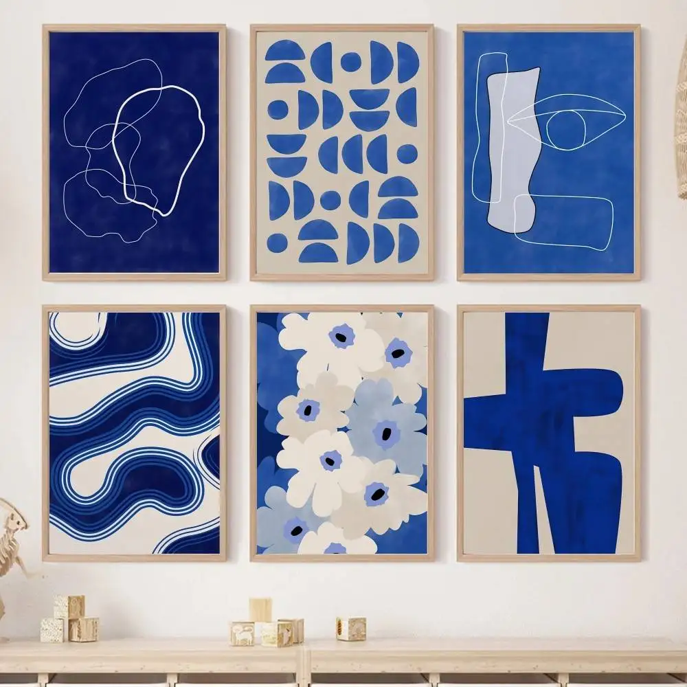 Klein Blue Abstract Line Art Paper Poster Geometric Shape Flower Wave Neutral Beige Boho Living Room Home Wall Decor Unframed