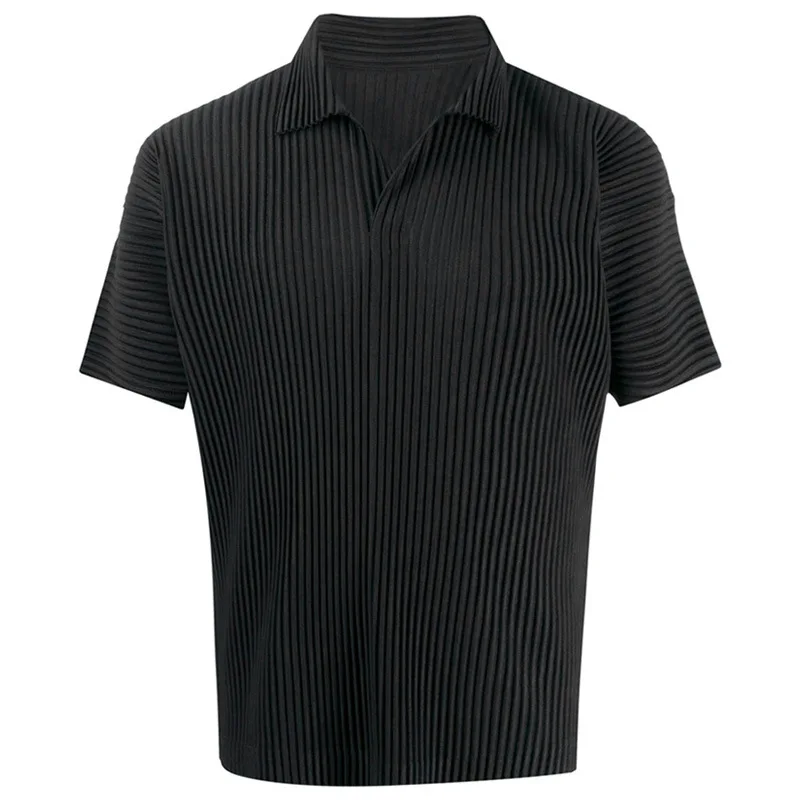 MIYAKE pleated blouse with loose lapel, versatile casual short-sleeved t-shirt, POLO shirt, trendy for men