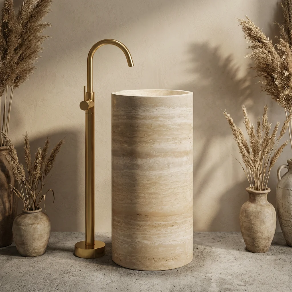 Luxury Modern Design Marble Washbasin BeigeTravertine Stone Pedestal Basin Easy Cleaning Polished Bathroom Basin for Hotels