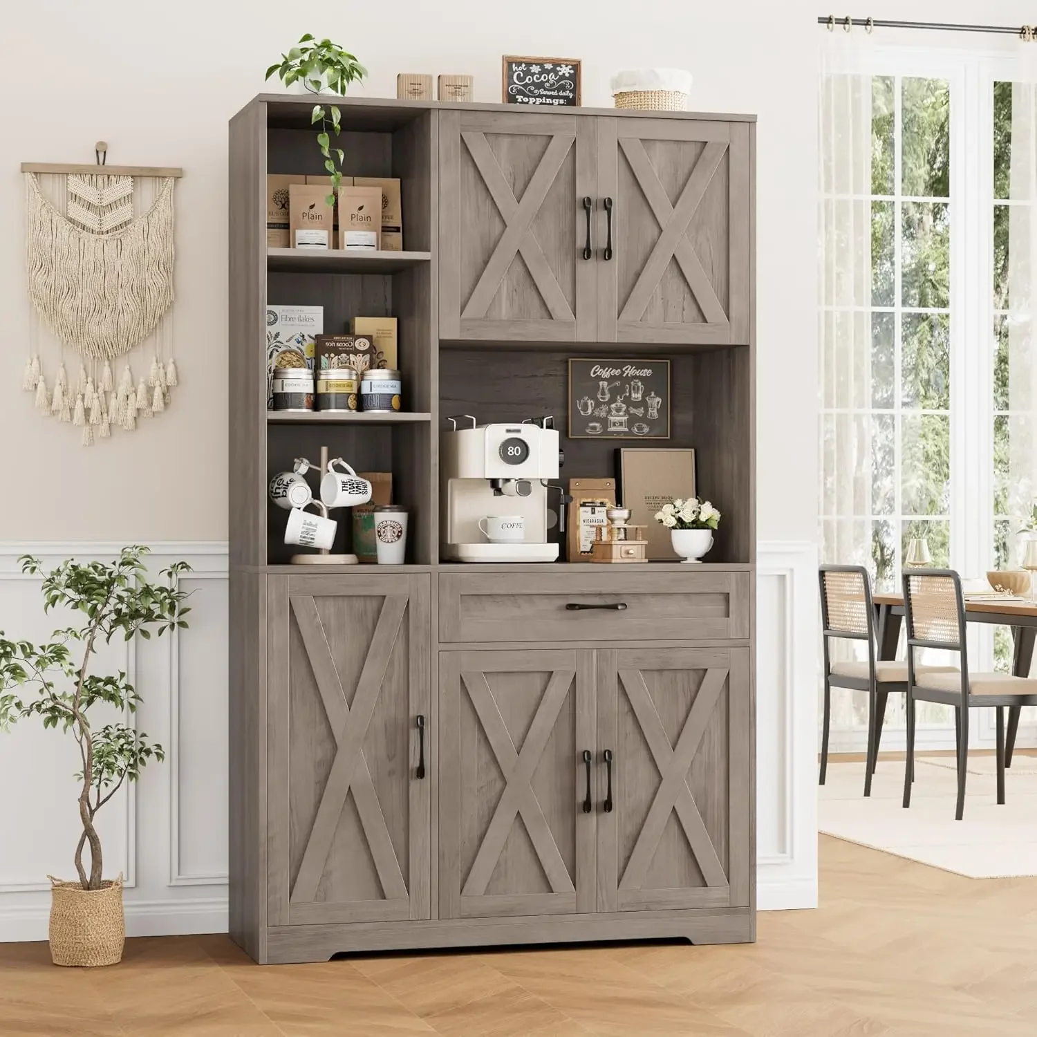 [عالية الجودة، صفقة ساخنة! ] خزانة تخزين مخزن المطبخ بطول 71 بوصة، خزانة مخزن طعام المزرعة مع حامل ميكروويف، أبواب الحظيرة