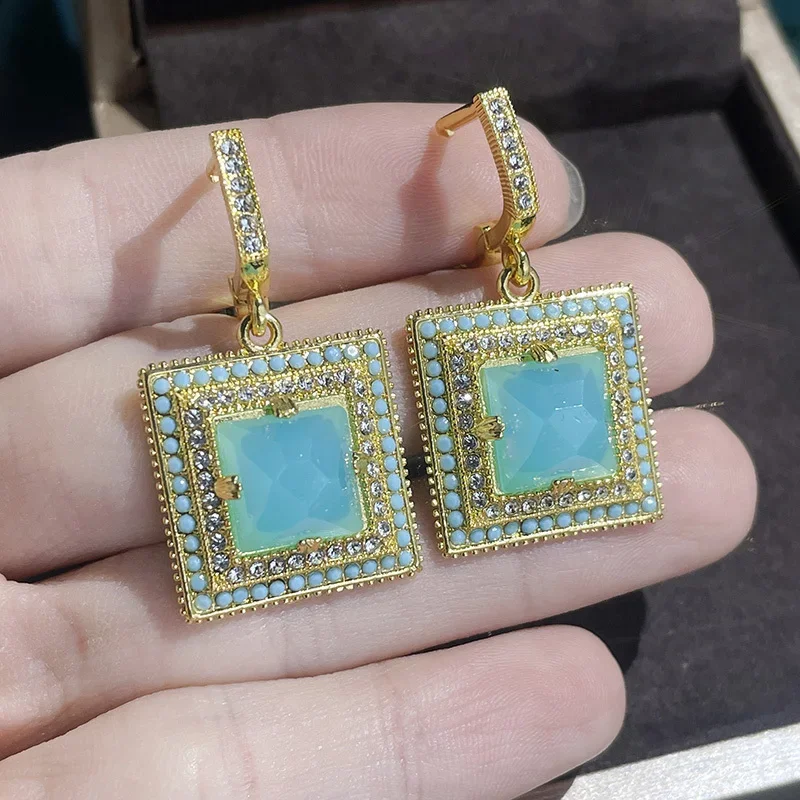 Gorgeous Princess Square Blue Green Zirconia Dangle Earrings for Women Gold Color Boutique Jewelry Party Wearing