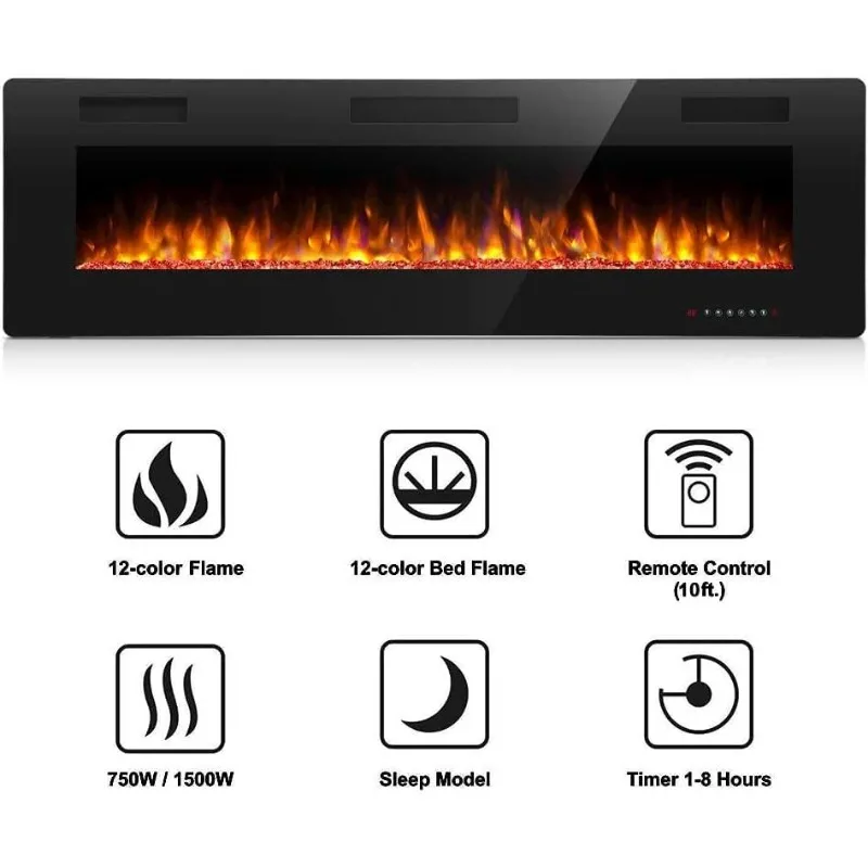 Antarctic Star 30/36/42/50/60/68 Inch Electric Fireplace in-Wall Recessed and Wall Mounted, Fireplace Heater, Timer, 750/1500W