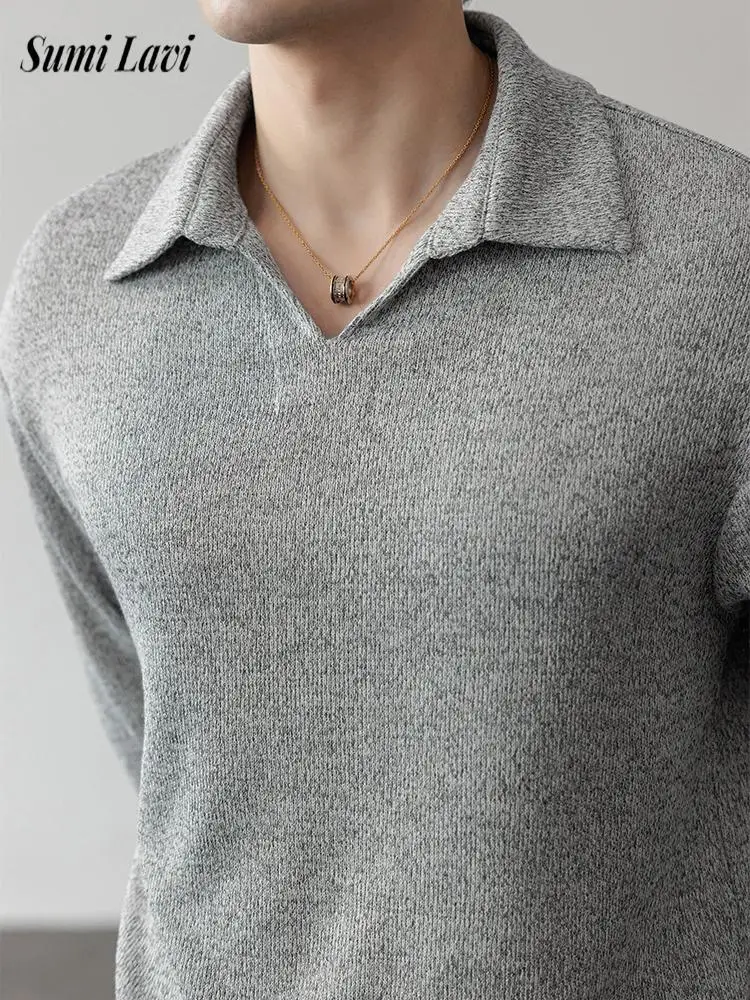 

Vintage Turn-down Collar Knitted Mens Polo Shirt Autumn Casual Solid Color Long Sleeve Knit Polo Shirts Trendy Men's Jumper Tops