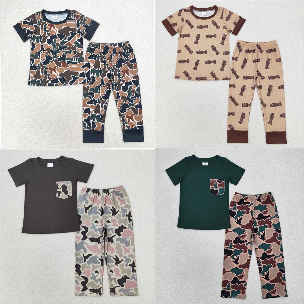 Wholesale western hot sale children’s clothing for Baby Boys Clothes Green camo beige short-sleeved pant pajama set