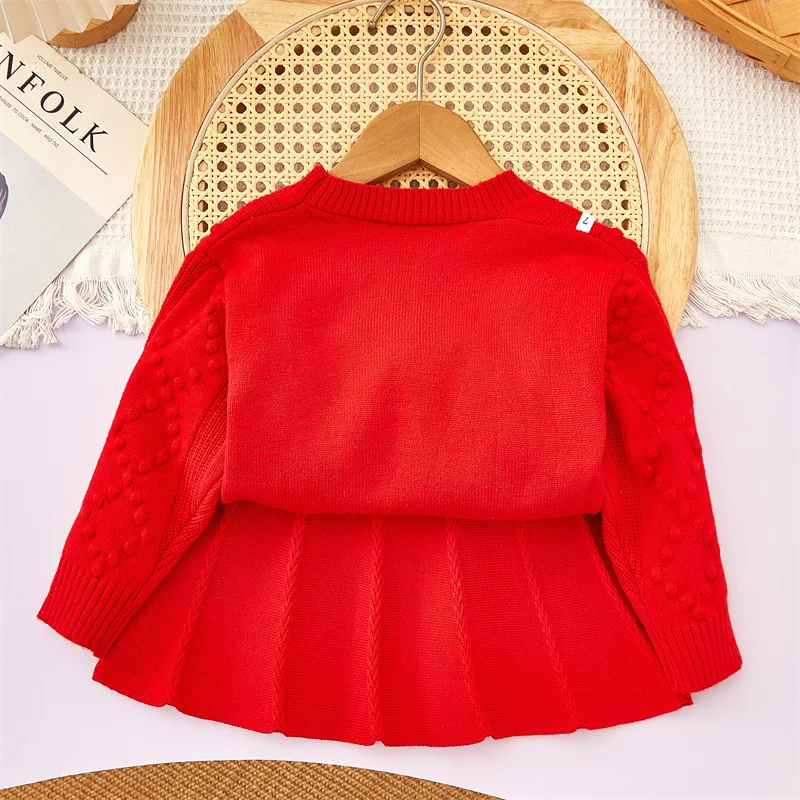 

Children's Outfit Skirt New Autumn Winter Girls Stylish Red Sweater Cardigan+Elegant Two-Piece Skirt Set