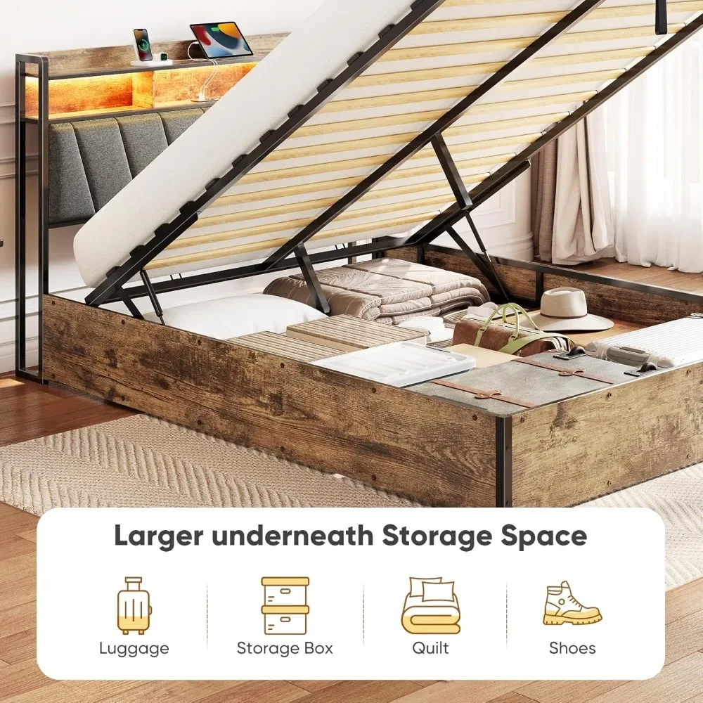 سرير تخزين منجد بإطار رفع، إطار سرير مضاء بإضاءة LED مع قاعدة شحن، سرير بمنصة معدنية مع مخزن من طبقتين