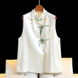 Chinese Style Embroidered Vest Standing Collar Sleeveless Top Jade Buckle Vest Temperament  Commuter Office Women's Clothing