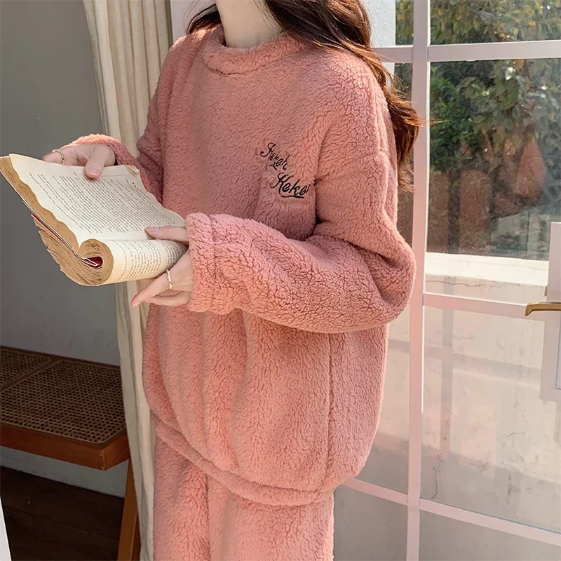 Winter Warm Flannel Women's Pajamas Set Long-sleeve Trousers Two-piece Set Pyjamas Homeclothes letter Embroidery Women Sleepwear image 4