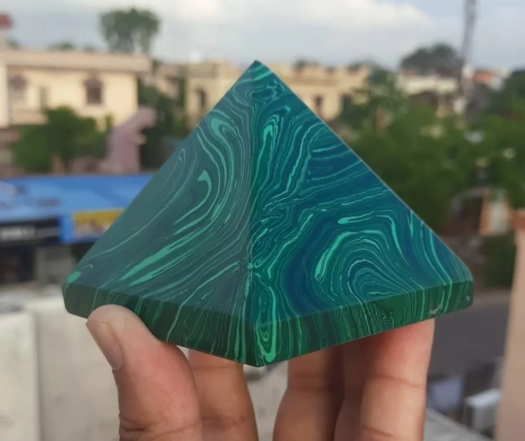 Natural Malachite Pyramid,  Mineral Reiki Healing Wealth Gem, Quartz Crystal Carved Pyramid, Home Office Degaussing Decoration