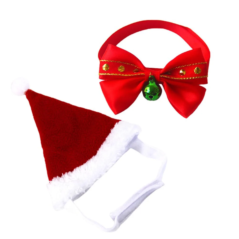 

2Pcs Pet Xmas Hat Bow Tie Set Adjustable Collar Durable Material Lovely Cat Christmas Costume Holiday Gift