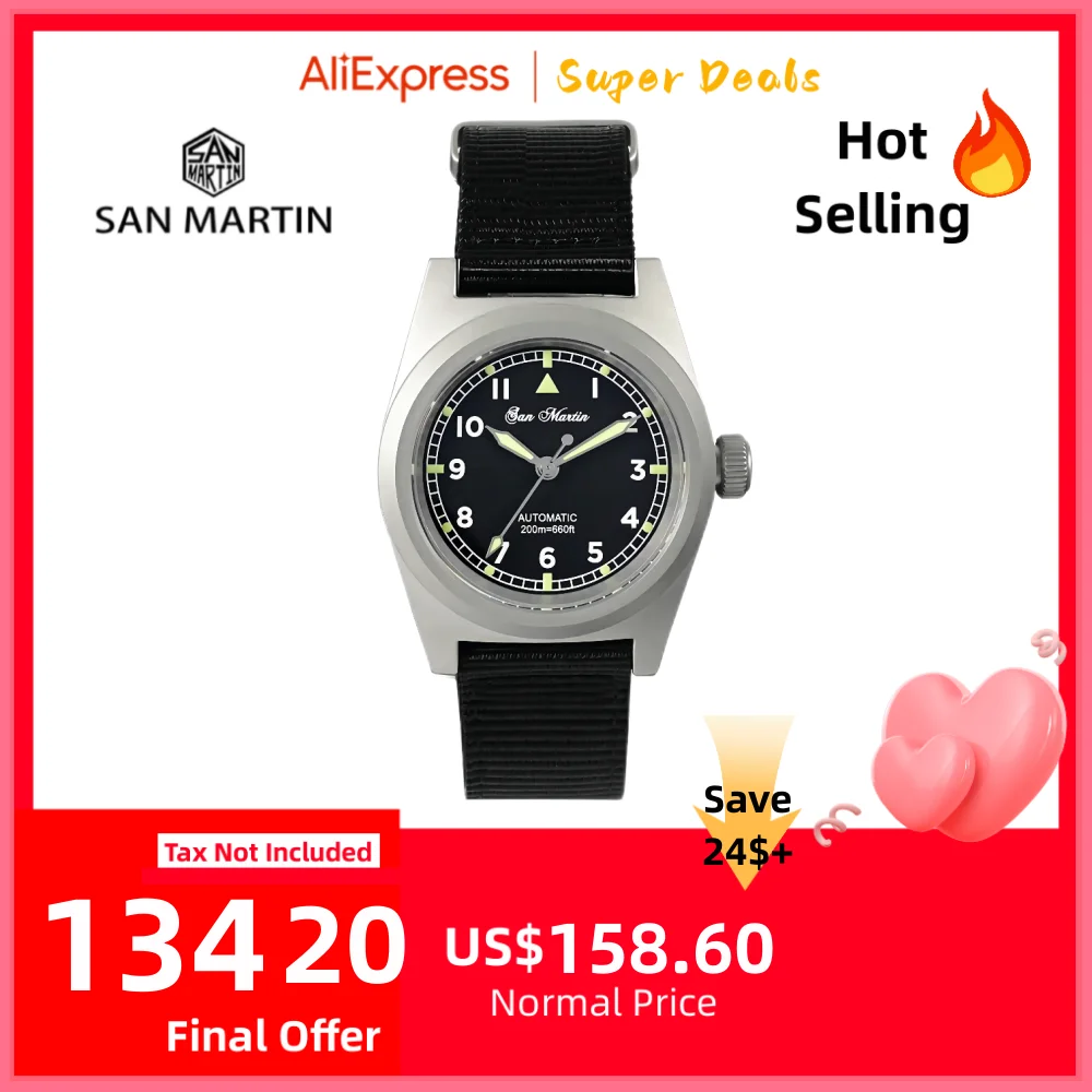 San Martin Pilot 38mm montre militaire YN55 Simple hommes montres mécaniques automatiques étanche 200M Lume bracelet en Nylon SN0029GA-2