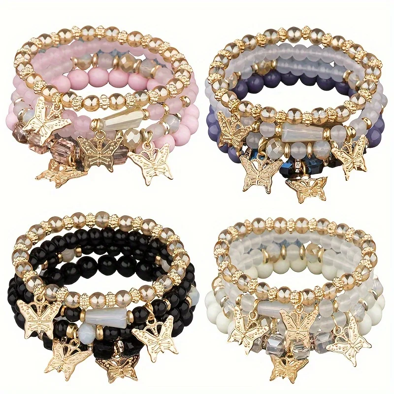 Random 16 Pieces/4 Sets of Bohemian Elegant Hand Jewelry Gifts, Shiny Simulated butterfly Multi-Layered Beaded Fashion Bracelet, Elastic Charm Beaded Bracelet - Fashionable Ladies DIY Jewelry Perfect Gift