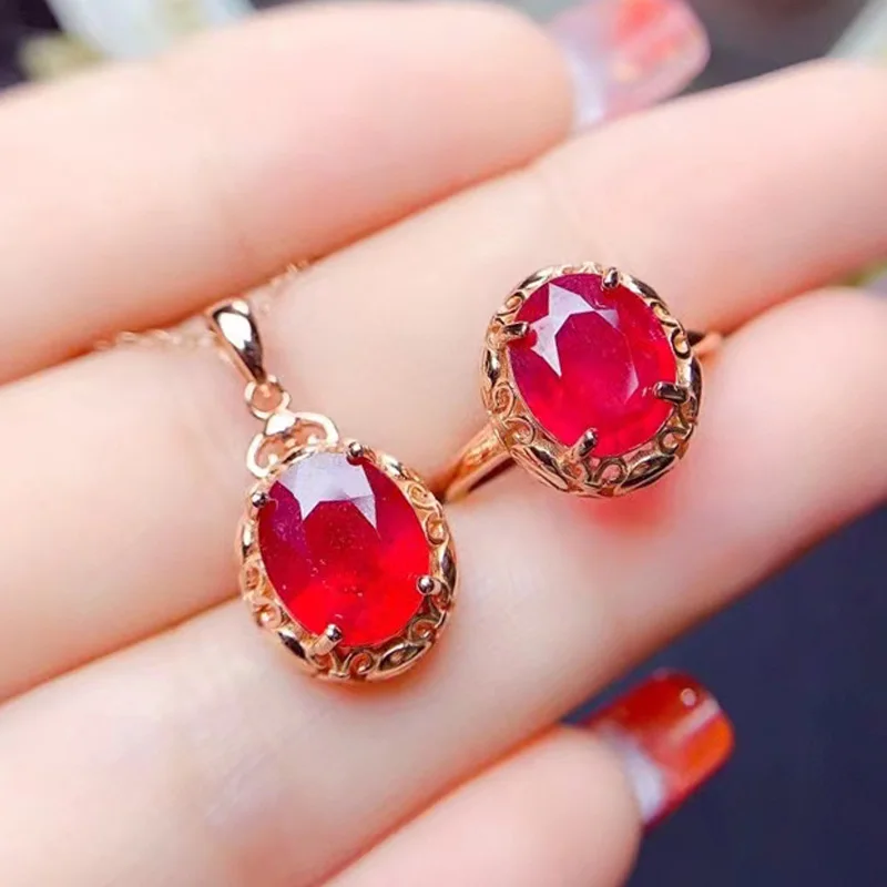 Ruby Jewelry Set for wedding 7*9mm 925 Silver Heated Ruby Necklace Pendant and Ring with 3 Layers 18K Gold Plating No Fading