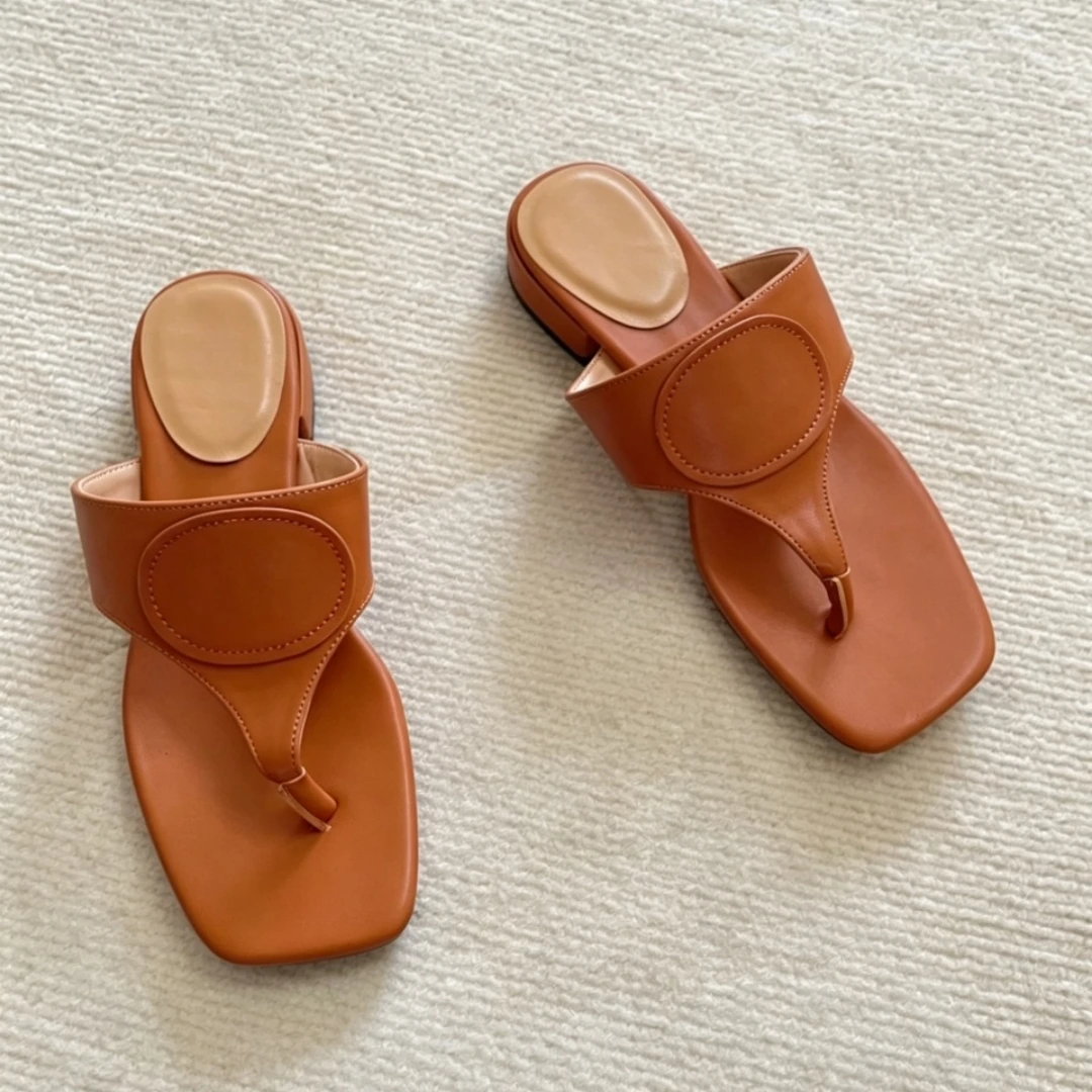Luxury Brand Women's Shoes Handmade Flip Flops Thong Slippers Flat Slide Sandals Square Toe Soft Leather Footwear Holiday Gifts