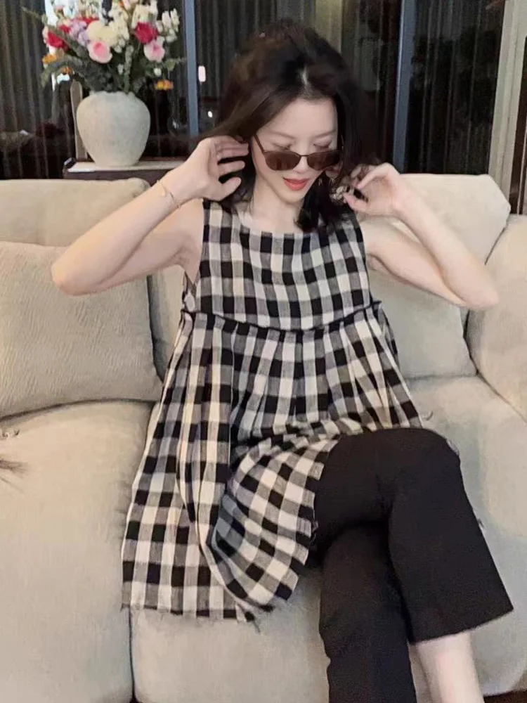 

Summer 2025 Plaid Svel Loose Commute Women's irt Faionable Versatile Korean Sle round Ne Casual Silk Top