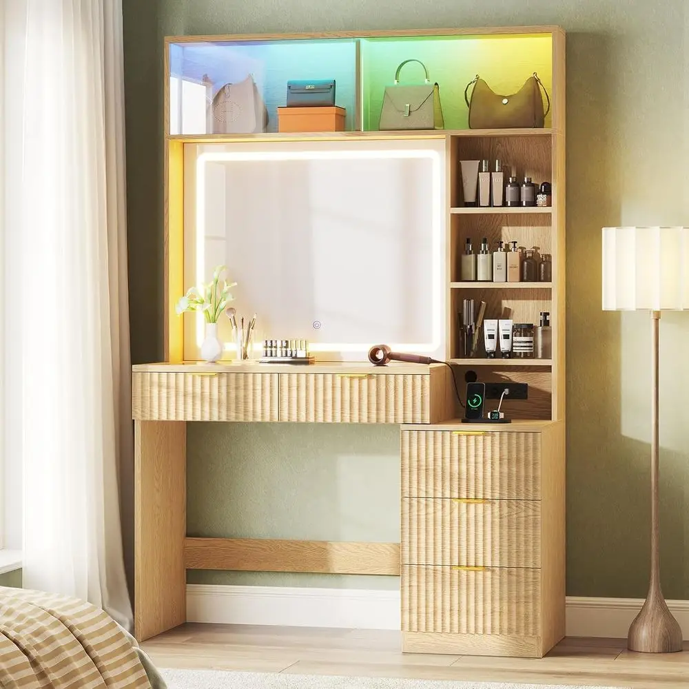 

Elegant Oak Makeup Vanity Desk with Illuminated Mirror, LED Lights, Power Outlet, Storage Cabinet, and 4 Shelves for Women's Bed