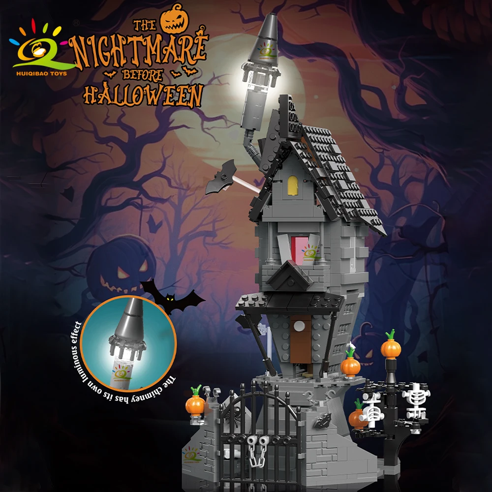 

HUIQIBAO Halloween Haunted House Building Kit with LED Lights, Spooky Mansion Toy for Kids, Perfect Gift for Halloween Birthdays