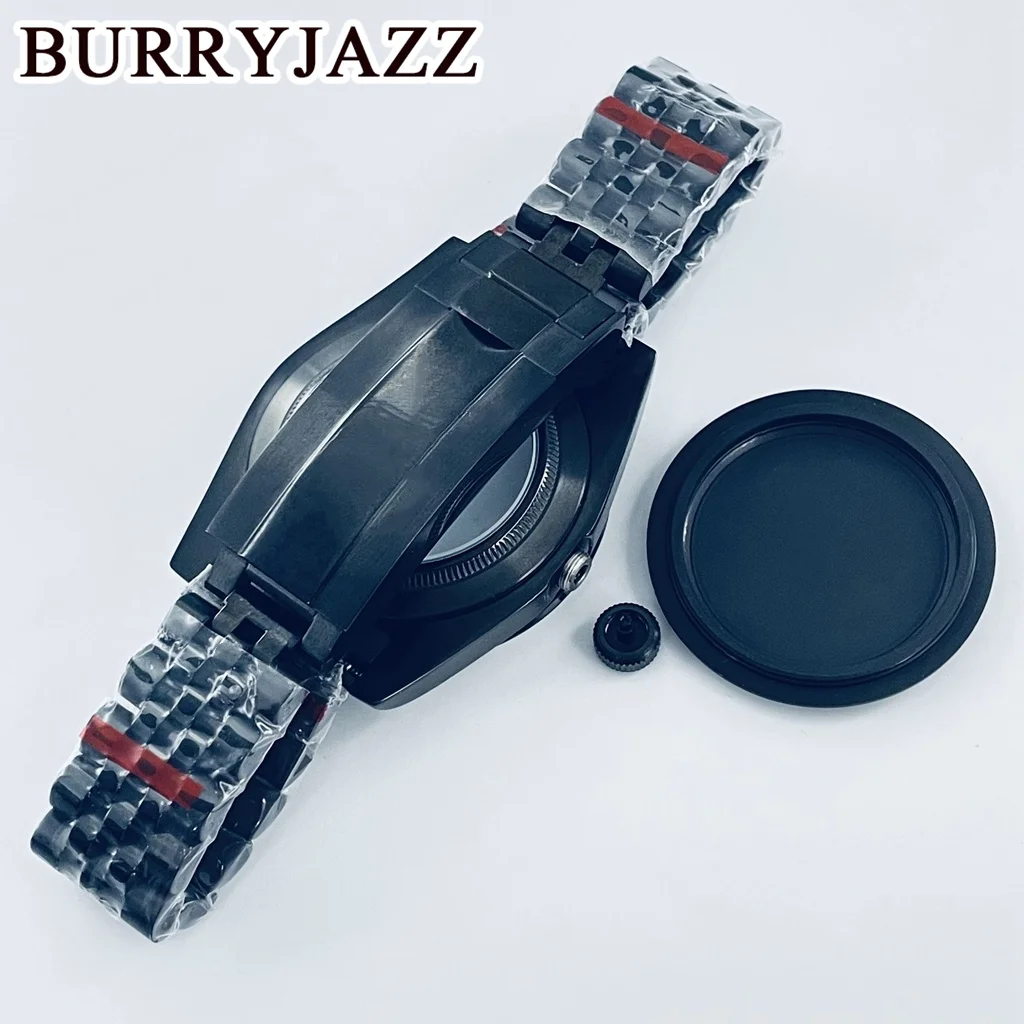 BURRYJAZZ 39 مللي متر NH34 NH35 NH36 NH70 NH72 ETA2824 PT5000 ساعة حافظة GMT وعاء من الستانليس ستيل الأسود والياقوت الزجاجي