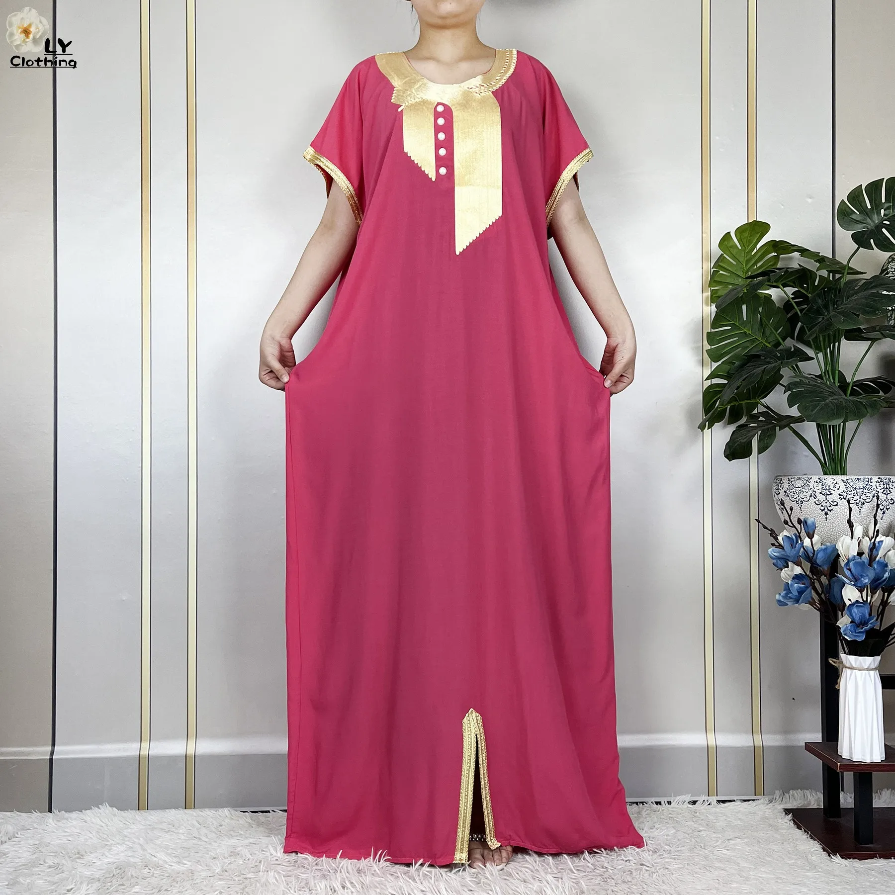 African Abayas New For Women Pure Color Cotton Islam Kaftan Maxi Short Sleeves Dresses Femme Muslim Casual Robe With Headscarf