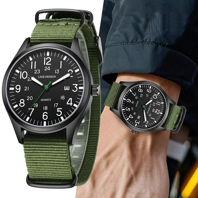 

LIGE Top Brand Luxury Men Quartz Watch Date Nylon Belt Waterproof Luminous Military Sports Watches For Men relogios masculino