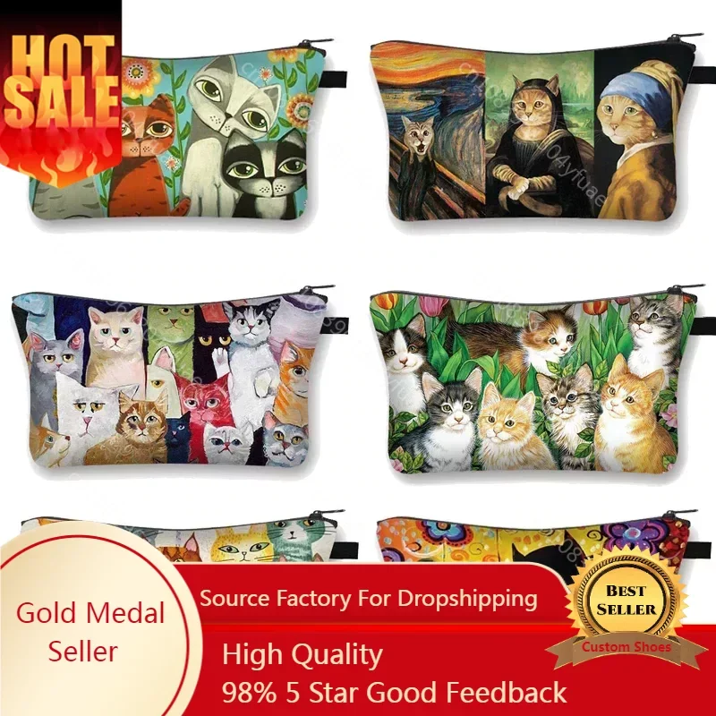 Cute Cat Print Cosmetic Case Women Makeup Bags Cartoon Kitten Cosmetic Bags Girls Storage Bag Funny Cat Cosplay Mona Lisa