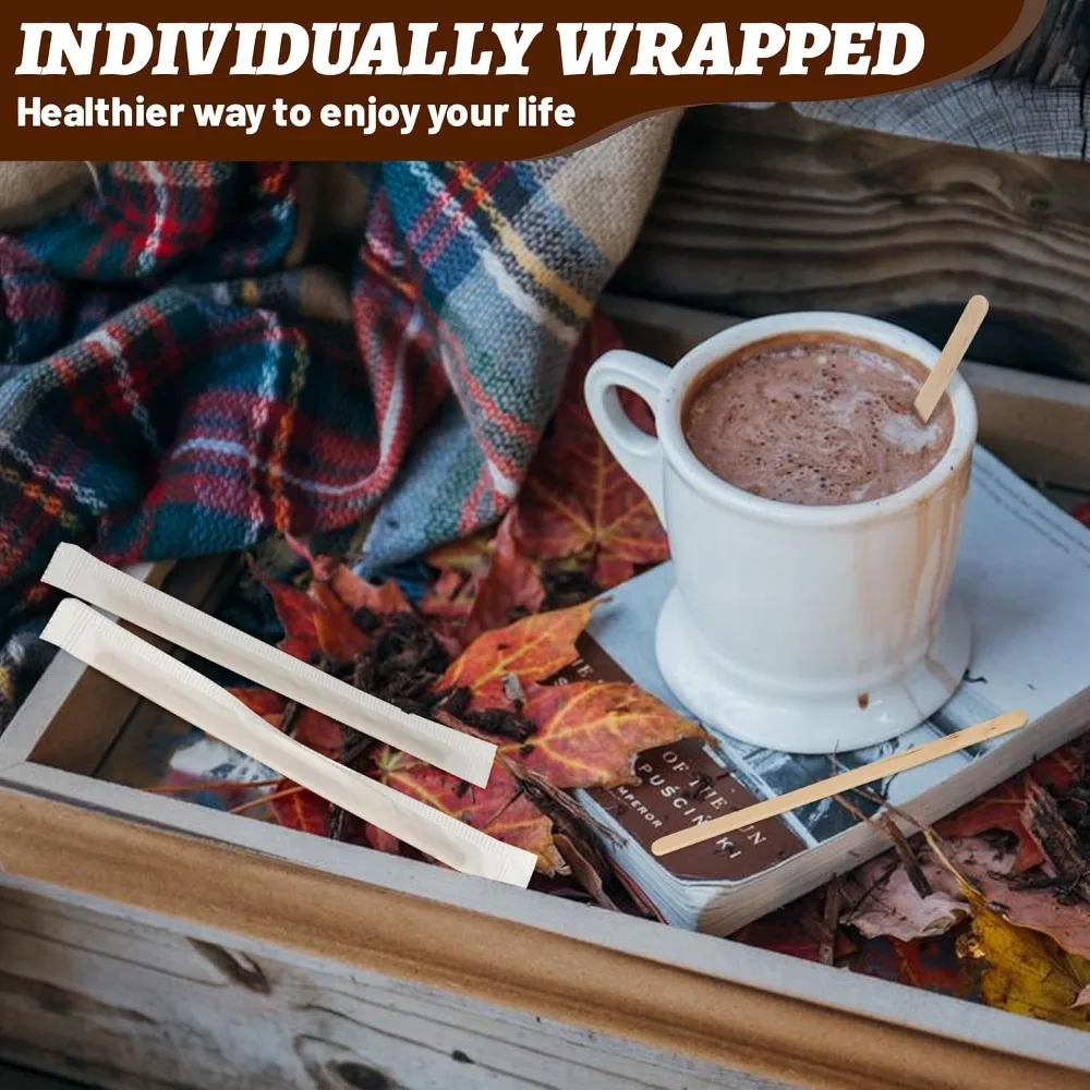 

Disposable Wooden Coffee Stirrers 4.3 Inch 100 Pcs Individually Wrapped for Tea Cocktail Hot Chocolate