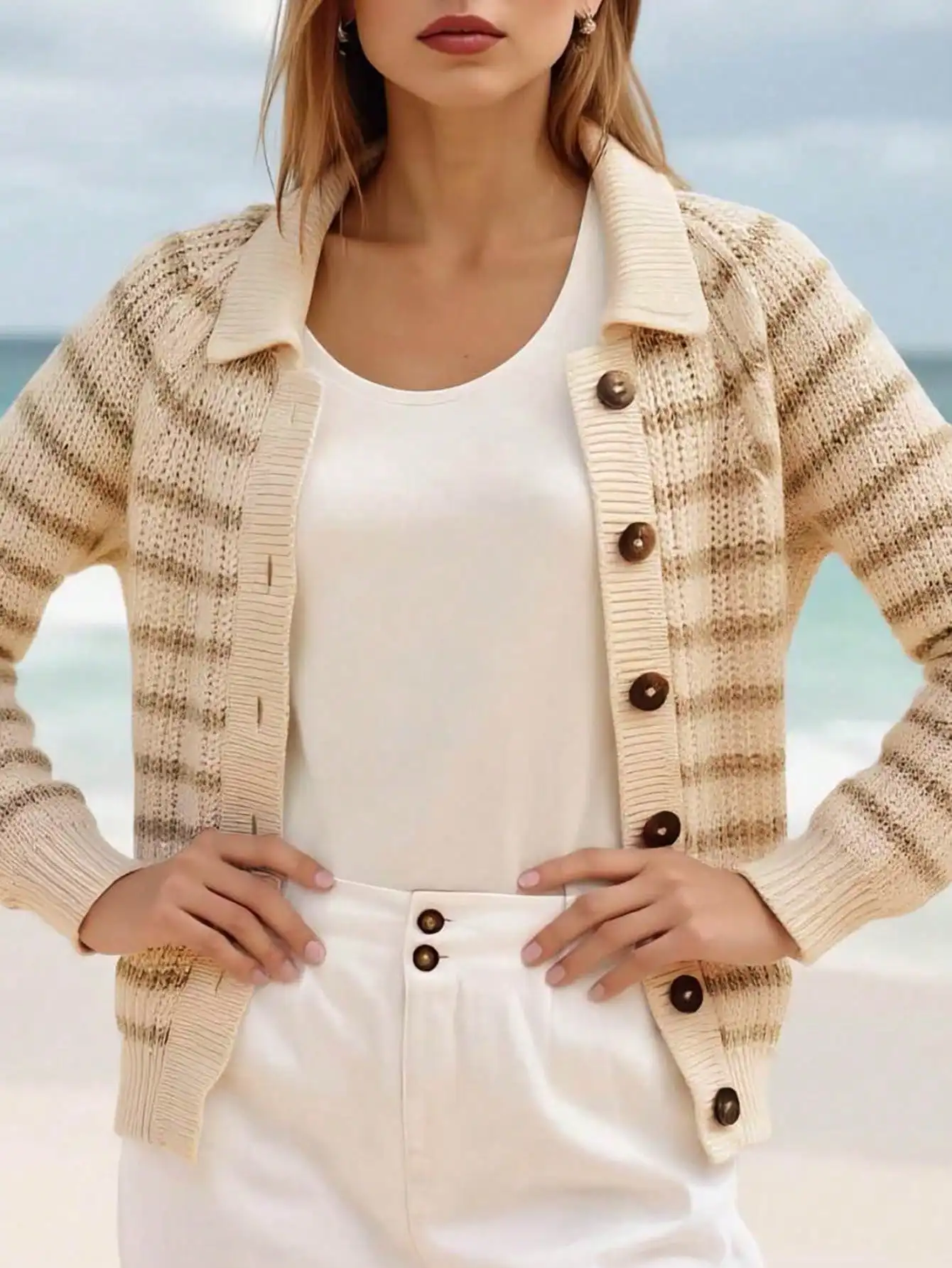 Cardigan in maglia con collo a polo Fisoew |   Maglione da donna a maniche lunghe aperto sul davanti |   Copricostume stile giacca abbottonata