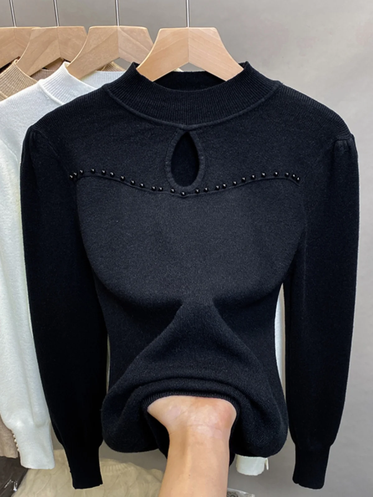 plus Size Women's Knitted Sweater High Collar Hollow out Design Base Layer Trendy Bead Embellied Autumn Winter Faion