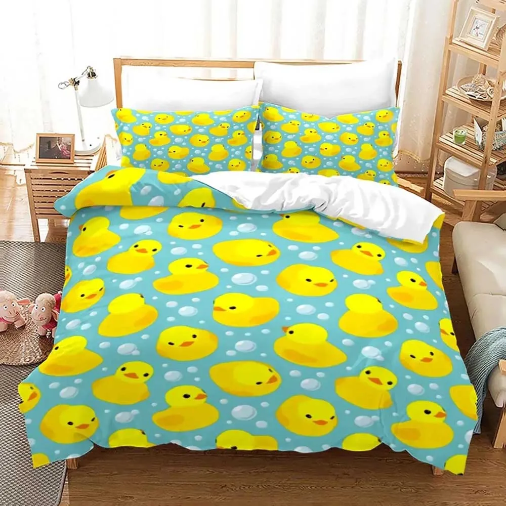 2-3 Cartoon Yellow Duck King Queen Duvet Cover  Lovely Animal Bedding Set Blue Bubble Quilt Cover Soft Polyester Comforter Cov
