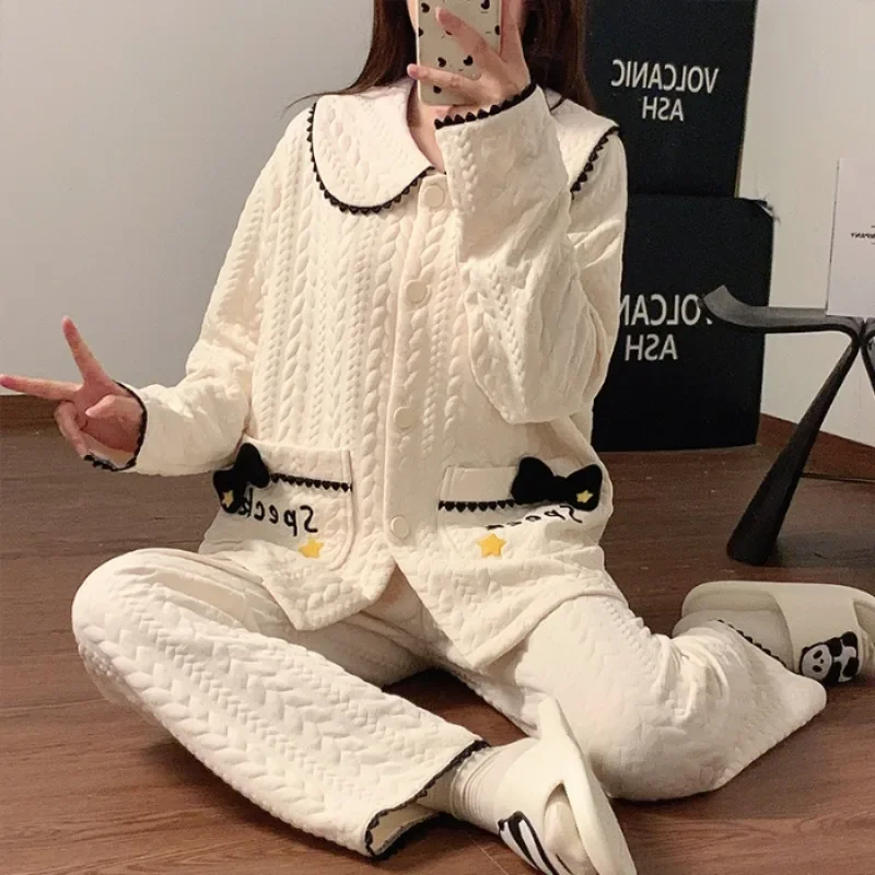 Big Size M-5XL Women Air Cotton Pajamas Set Winter Thick Warm Loose Sleepwear Cartoon Top Pants Home Casual Warm Woolen Suit