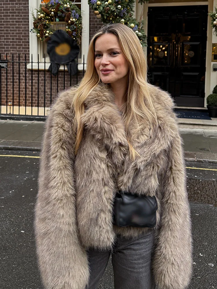 HH レディース ニューファッション フェイクファー風 ショートジャケット 女性用 冬 ラペル 長袖 隠しバックル コート カジュアル ルーズ ハイストリート トップス