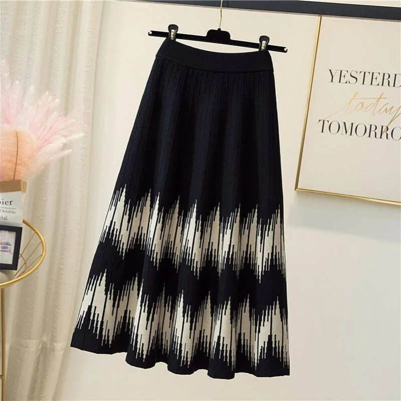 

Simplicity Office Lady Autumn/Winter Women's Elastic High Waist Contrast Color Pleated Fashion Slim Mid-length Knit A-line Skirt