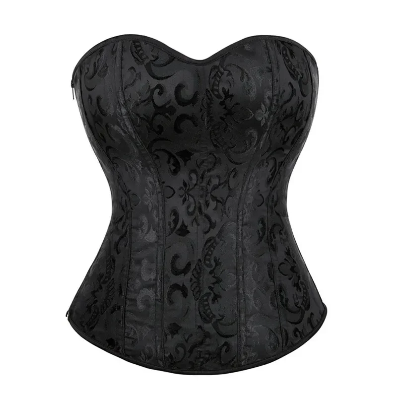 

Black Jacquard Overbust Corset Top Flower Lace-Up Boned Side Zipper Bustier Women Gothic Corselet Body Shaper Korset