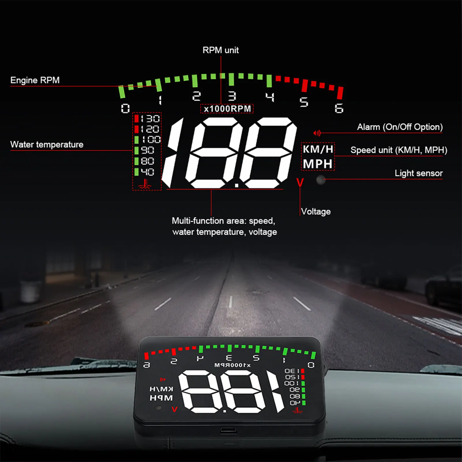 Car HUD A900 OBD2 Head-Up Display HD Monitor Overspeed Alarm Windshield Projector High Temperature Alarm Engine Faulty Alarm