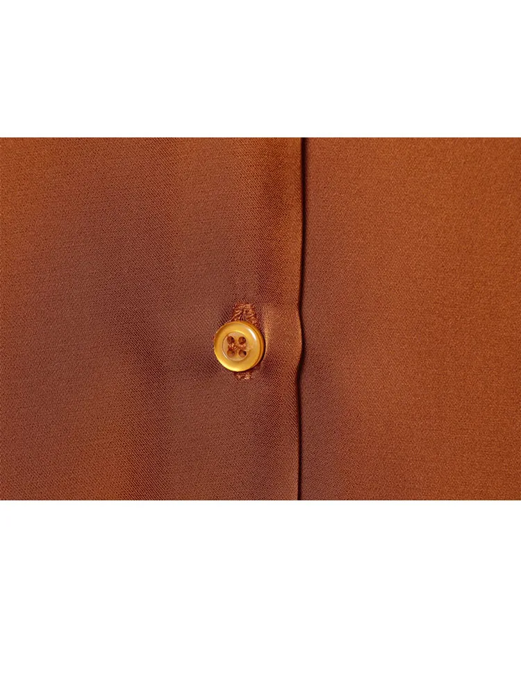 HH المرأة الموضة تنوعا الصلبة التلبيب الساتان محكم الراقية قميص الإناث بسيطة عادية واحدة الصدر قميص طويل الأكمام