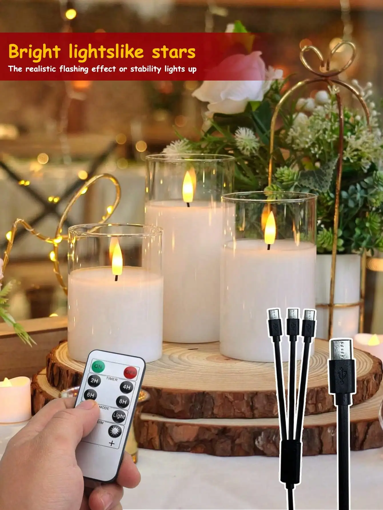 3Pcs Rechargeable Flameless Candles, Dimmable Remote Control, Type-C Charging, 3 Cables Included, Warm White Flame, Decor Gifts For Yard, Christmas, Wedding, Halloween, Valentine's Day & Birthday