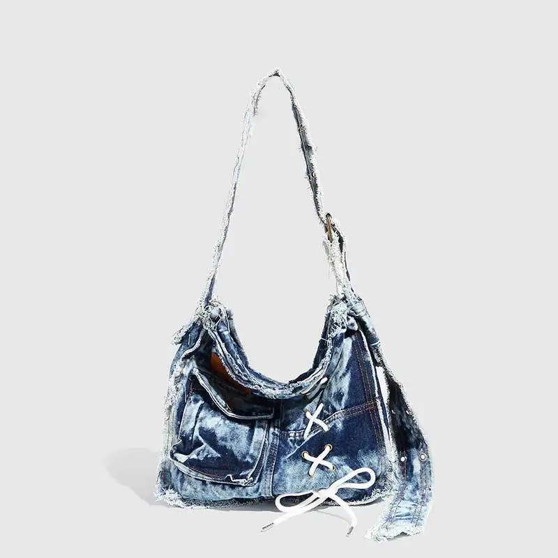 

Washable denim fabric durable large-capacity single-shoulder bag retro distressed unique strap commuter crossbody women's bag