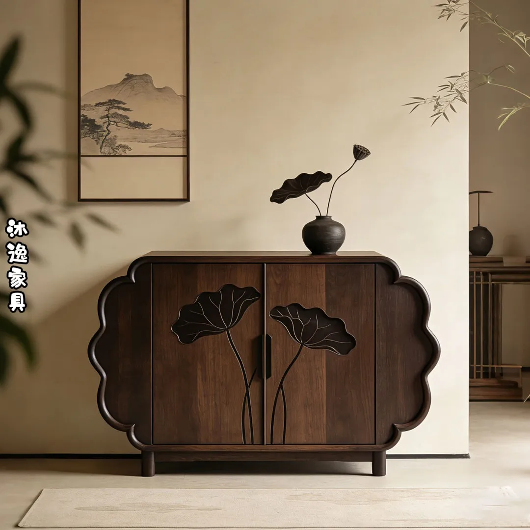 New Chinese black walnut porch cabinet Zen lotus cabinet living room solid wood storage cabinet