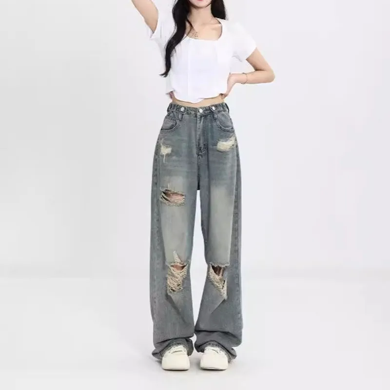 American retro ripped women's straight leg wide leg jeans casual street style blue washed jeans, size reference size chart