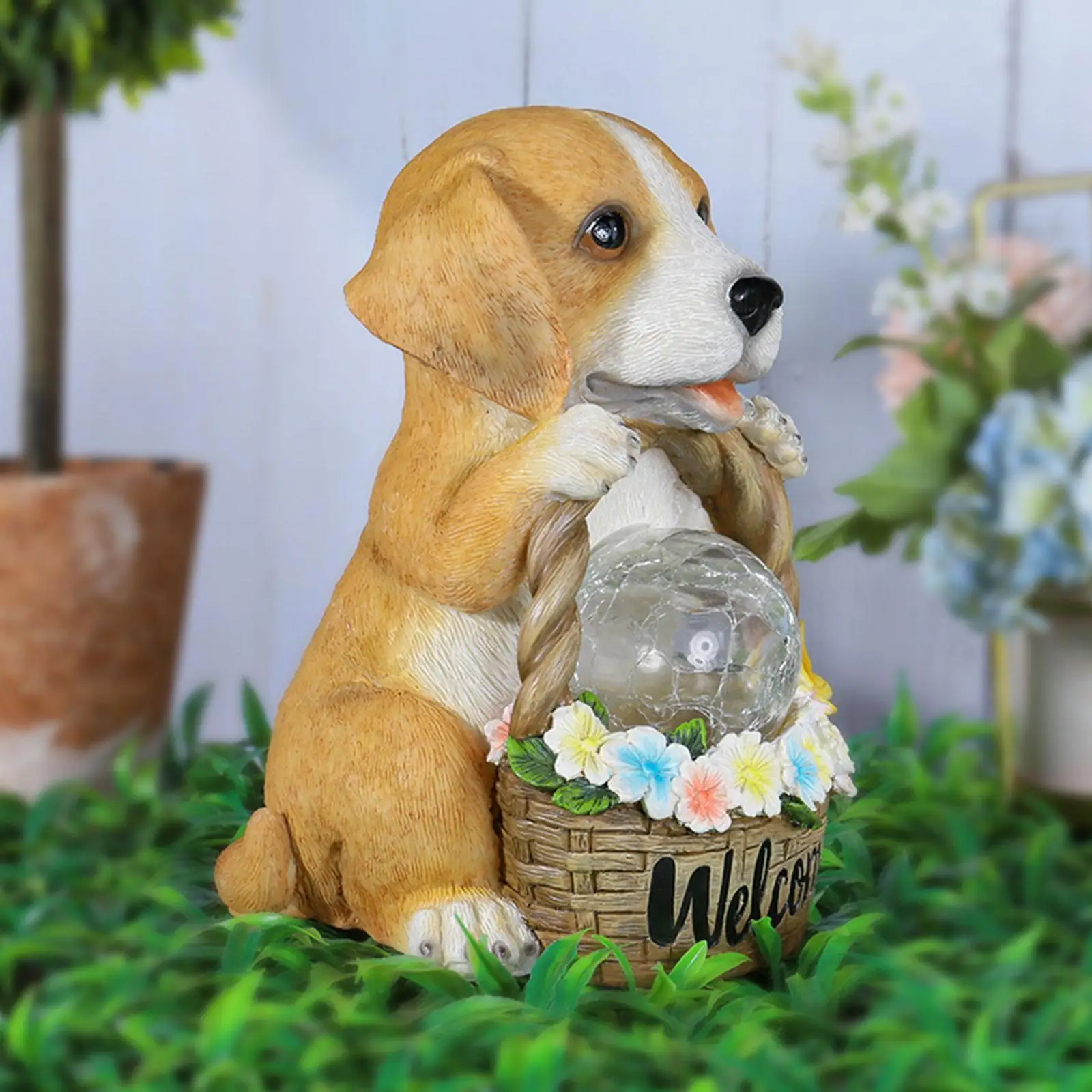 Solar Puppy Statue Light Dog Figurine LED Light Waterproof Resin Garden Decorations Creative for Outside Yard Garden