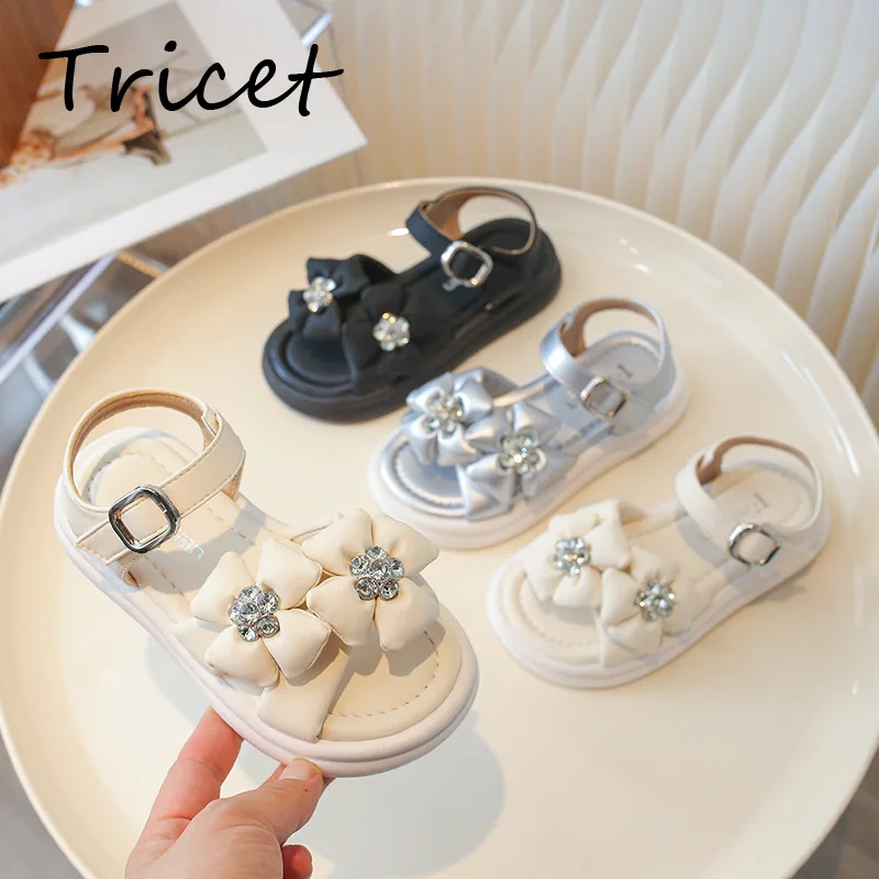 

Flowers Rhinestones Girls Sandals Summer Solid PU Fashion Shoes For Children Comfortable Non Slip Princess Kids Sandals