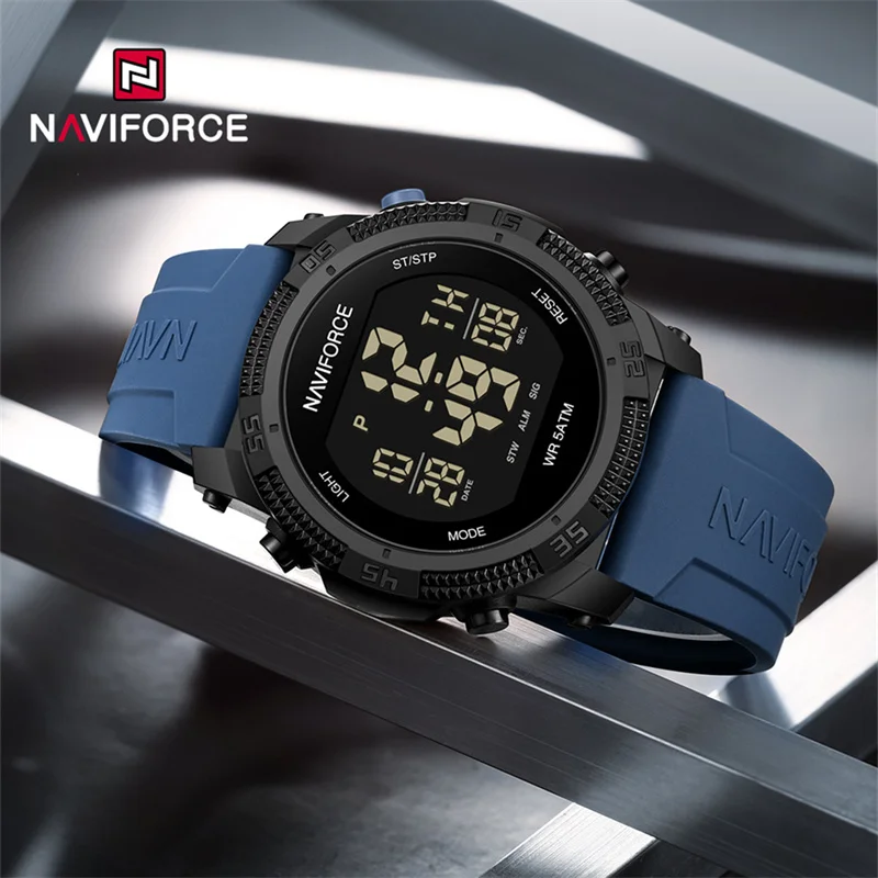 NAVIFORCE-Montre électronique pour homme, montre-bracelet numérique LCD, bracelet en silicone étanche, calendrier masculin, mode 5iko