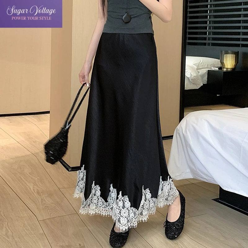 

Элегантная атласная юбка-миди с кружевной отделкой, женская летняя тонкая длинная юбка с высокой талией и запахом бедра, модная фея, офисная корейская шикарная одежда