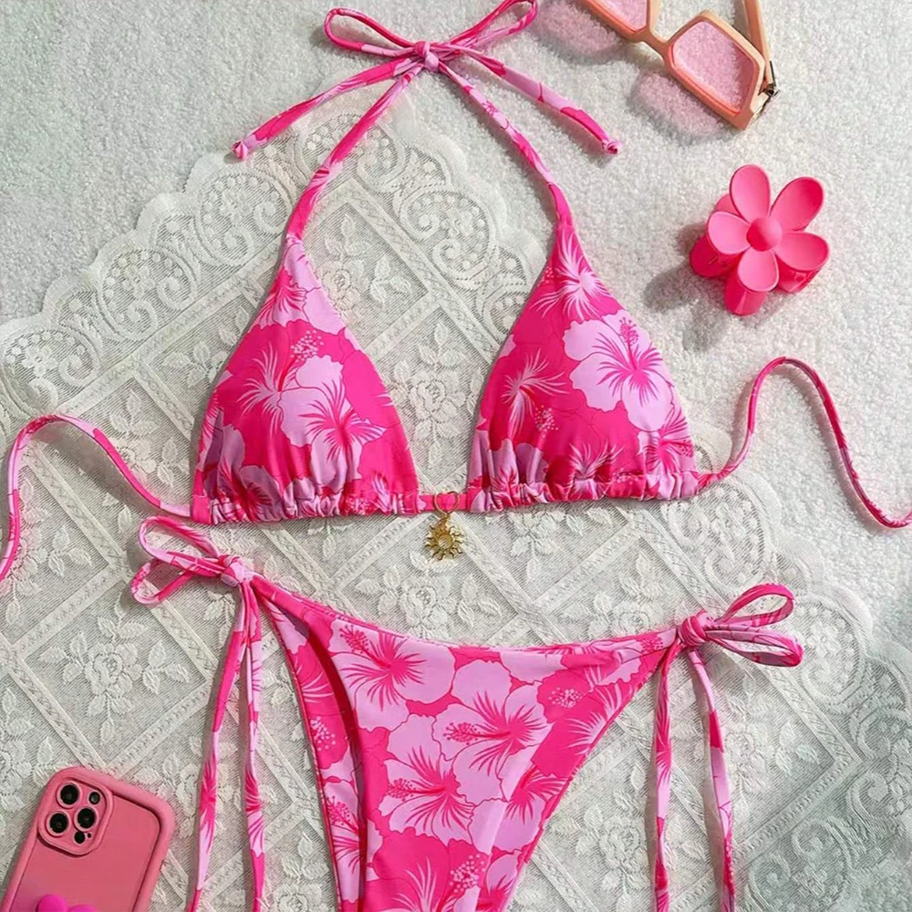 Women's Printed Vest Bikini+Thong Bra Design Women's Swimsuit Set Fashionable and Cute Beach Bikini Set 2026 New Product