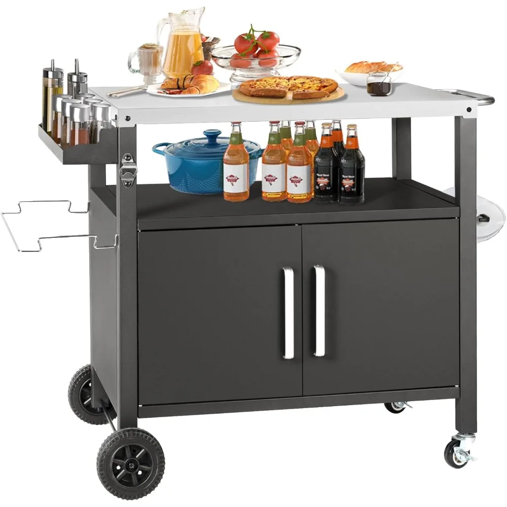 Grill Cart Table with Big Storage Cabinet, Movable Outdoor Dining Cart Pizza Oven Stand, Kitchen Cart Island Multifunction Food