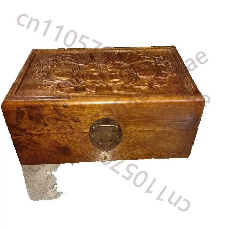 Chinese Antique Wooden Jewelry Box Relief Double Bat Money Pattern Flower Pear Wood Storage box Case for Collectibles