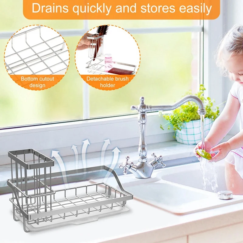 Removable Kitchen Sink Rack Cleaning Brush Soap Organizer Storage Rack With Drain Tray ,B 1 Piece