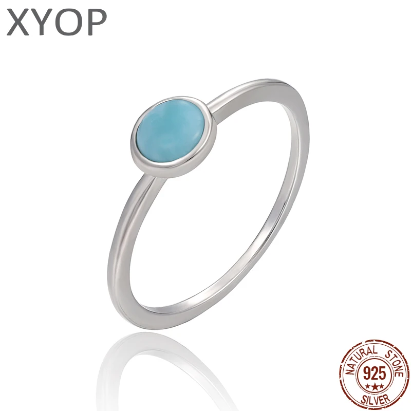 925 Sterling Silver Round Natural Gemstones Larimar Ring for Women Geometry Design Classic Simple Female Jewelry Gift Dating