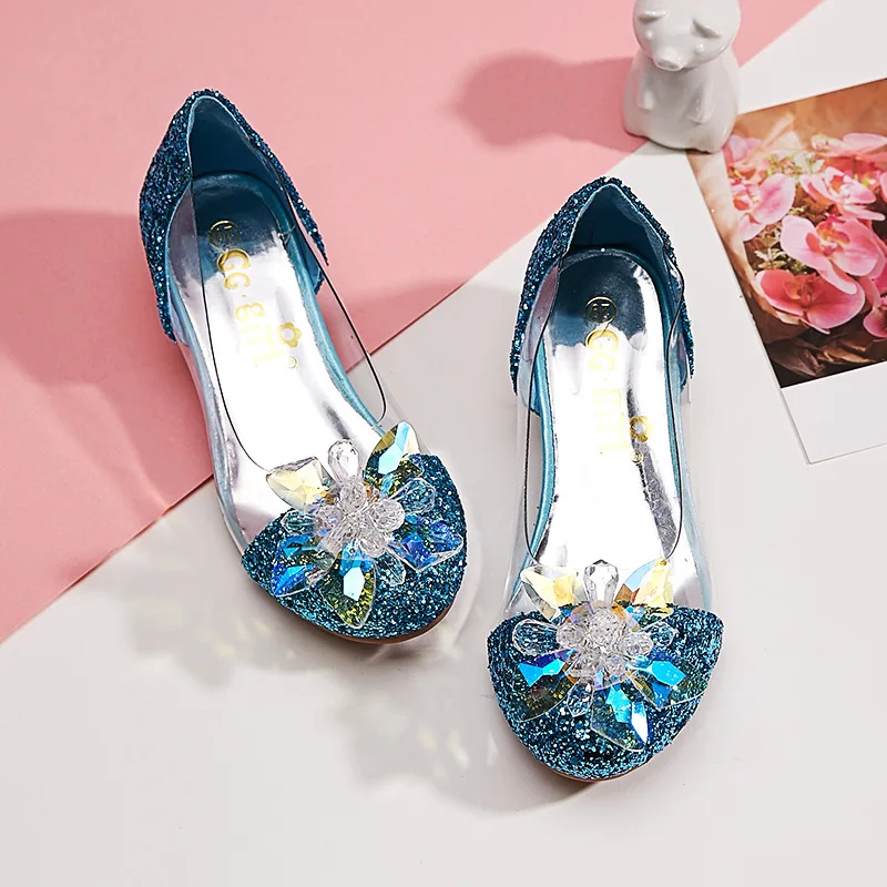 Princess Girls Crystal Shoes High Quality Rhinestone High-Heel Sequins Dress Shoes Party Wedding Dance Students Leather Shoes