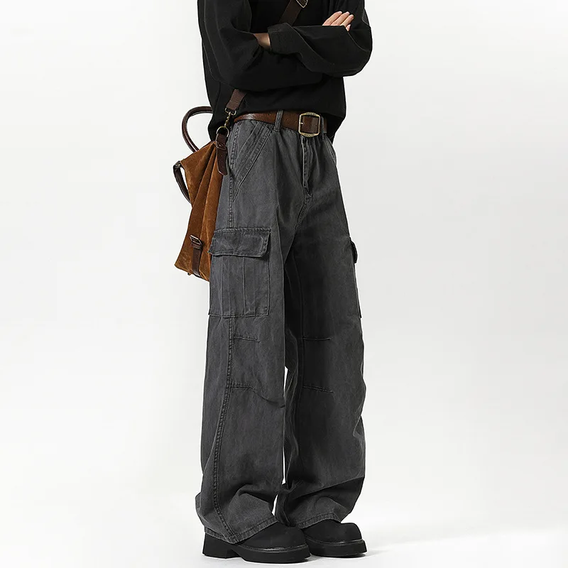 

Мужские весенние винтажные джинсы прямого кроя из выстиранной ткани, широкие брюки-карго в стиле парашютчиков, свободные повседневные брюки с множеством карманов